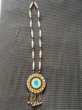 Handmade Beaded Turquoise Accent Pendant Necklace - Glass Beads Native American
